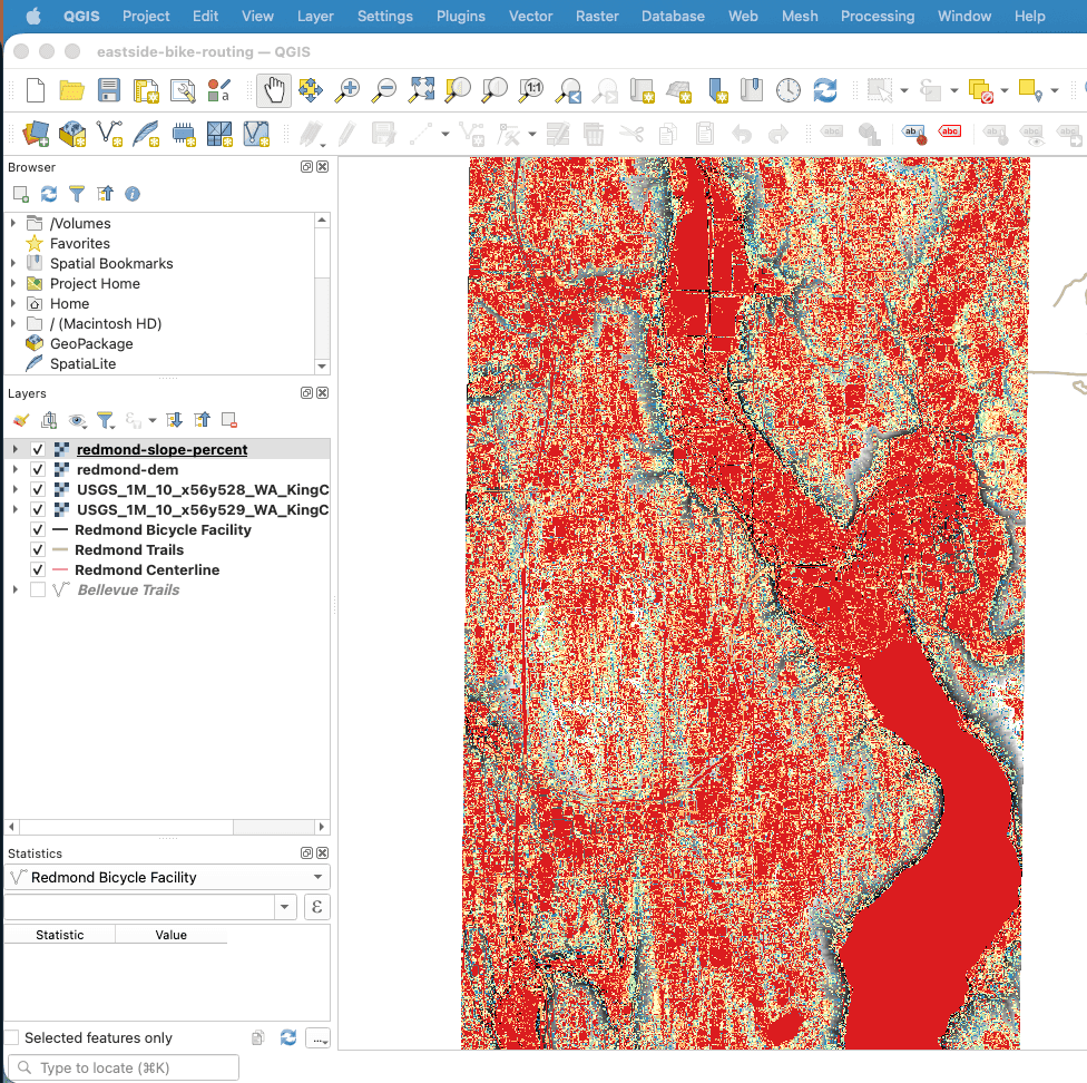 QGIS displaying a detailed terrain slope raster over the Redmond study area alongside street, trail, and bicycle facility layers